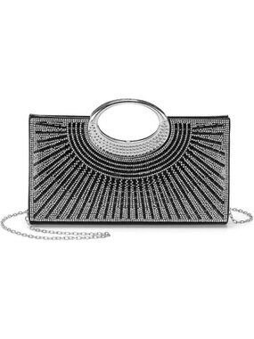 Women Sparkly Black Polyester Rhinestone Clutch Evening Bag Shoulder Chain